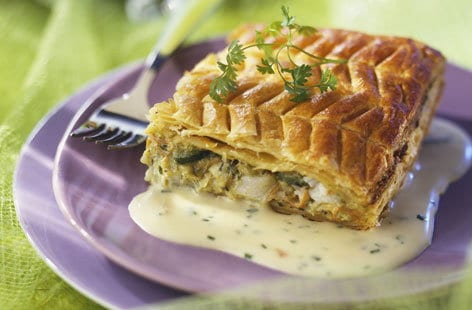 Image of "Cod and vegetable flaky pastry pie with chive sauce"