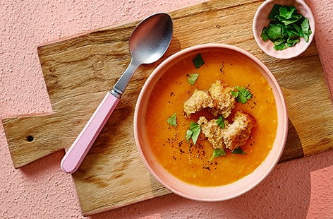 Carrot and coriander soup with wholemeal bun croutons