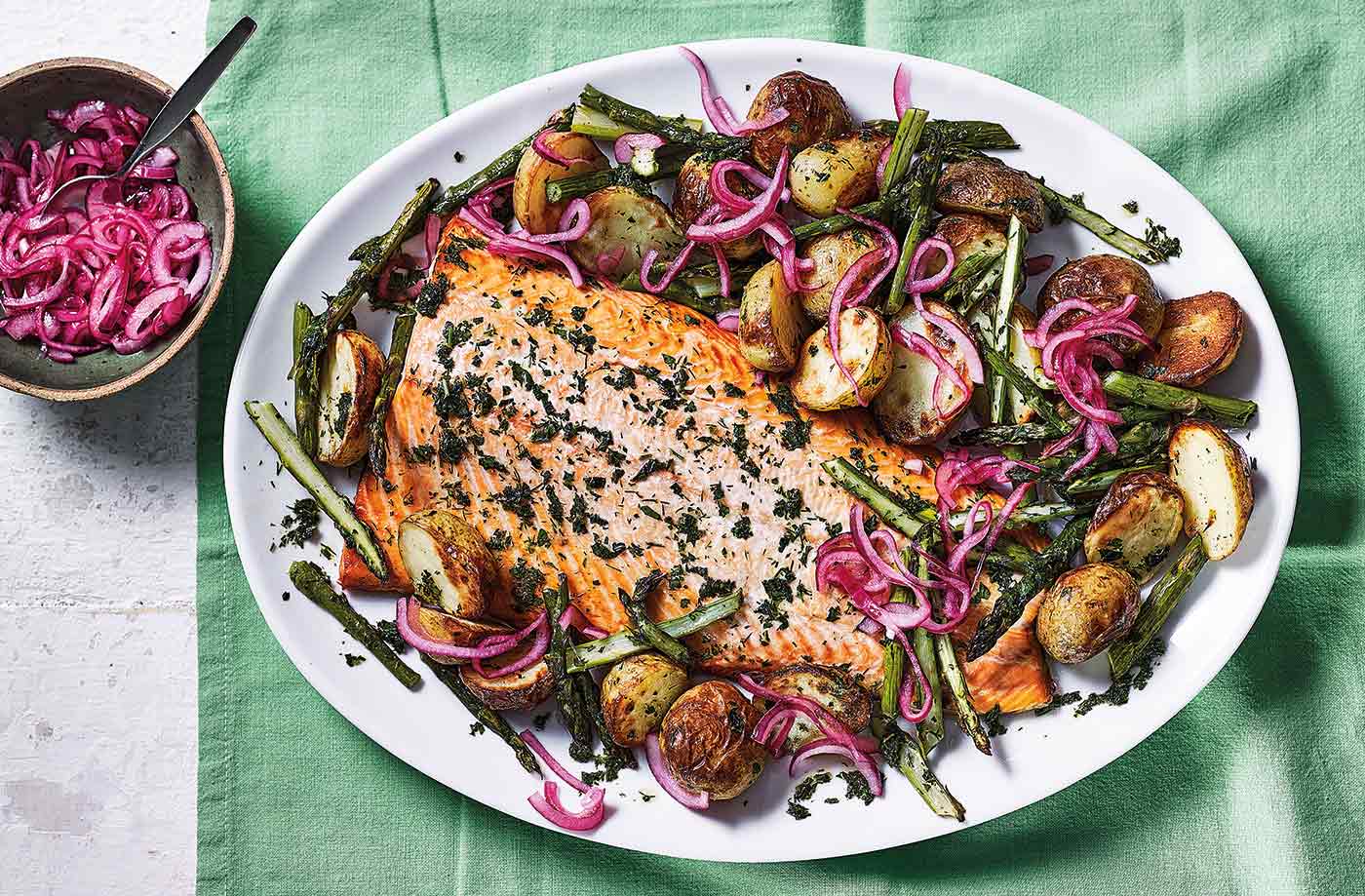 One-tray roasted salmon with spring veg