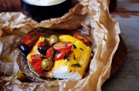 Image of "Tesco Finest smoked haddock parcels with cherry tomatoes and olives"