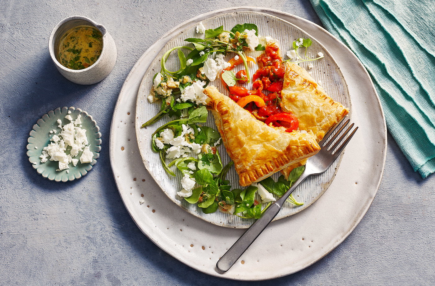 Chorizo parcels with feta and olive salad