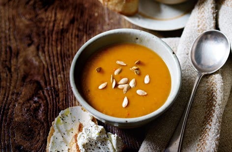 Image of "Butternut, chilli and cumin soup with goat's cheese toasts"