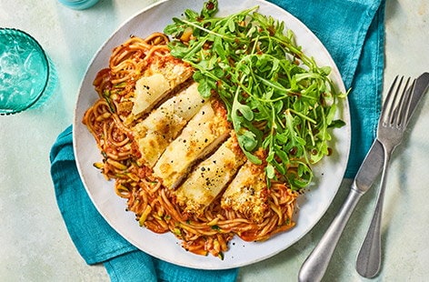 Image of "Air-fryer chicken parmigiana with spaghetti"