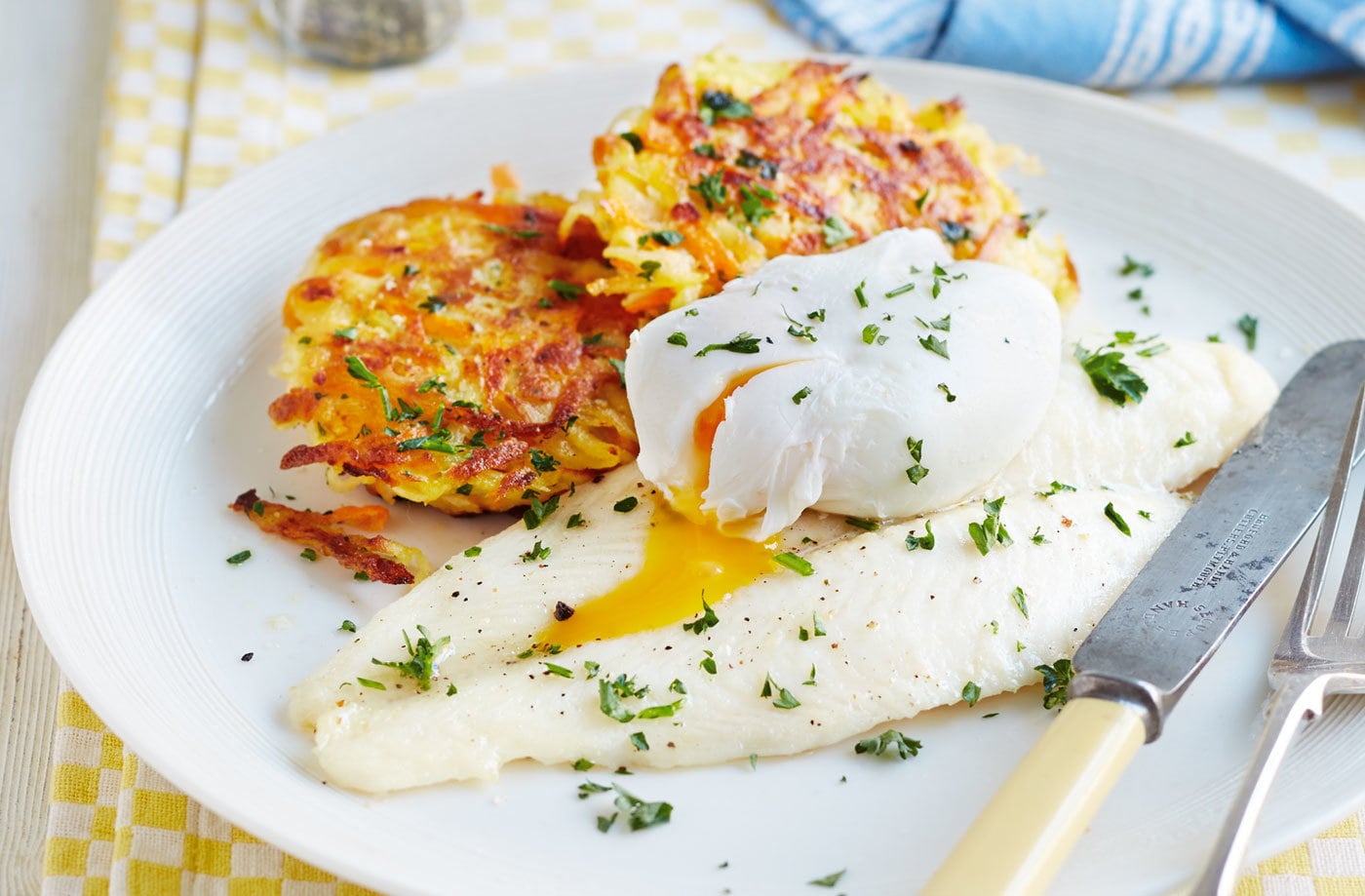 Root veg rösti with fish & egg