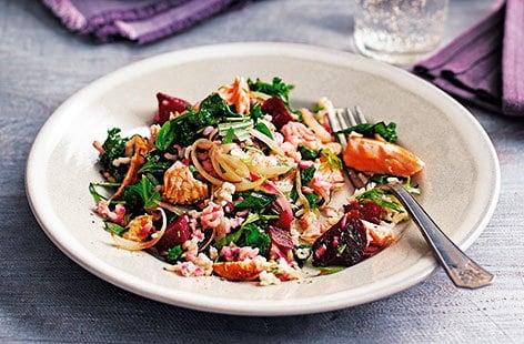 Image of "Salmon, beetroot and baby greens pilaf"