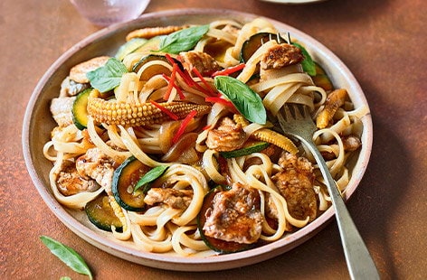 Image of "Thai-style drunken noodles with pork"