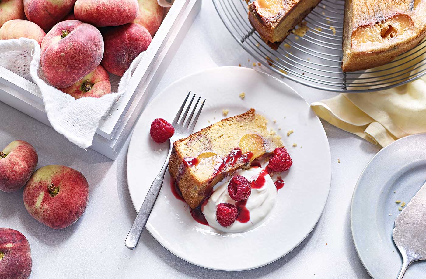 Peach melba upside-down cake