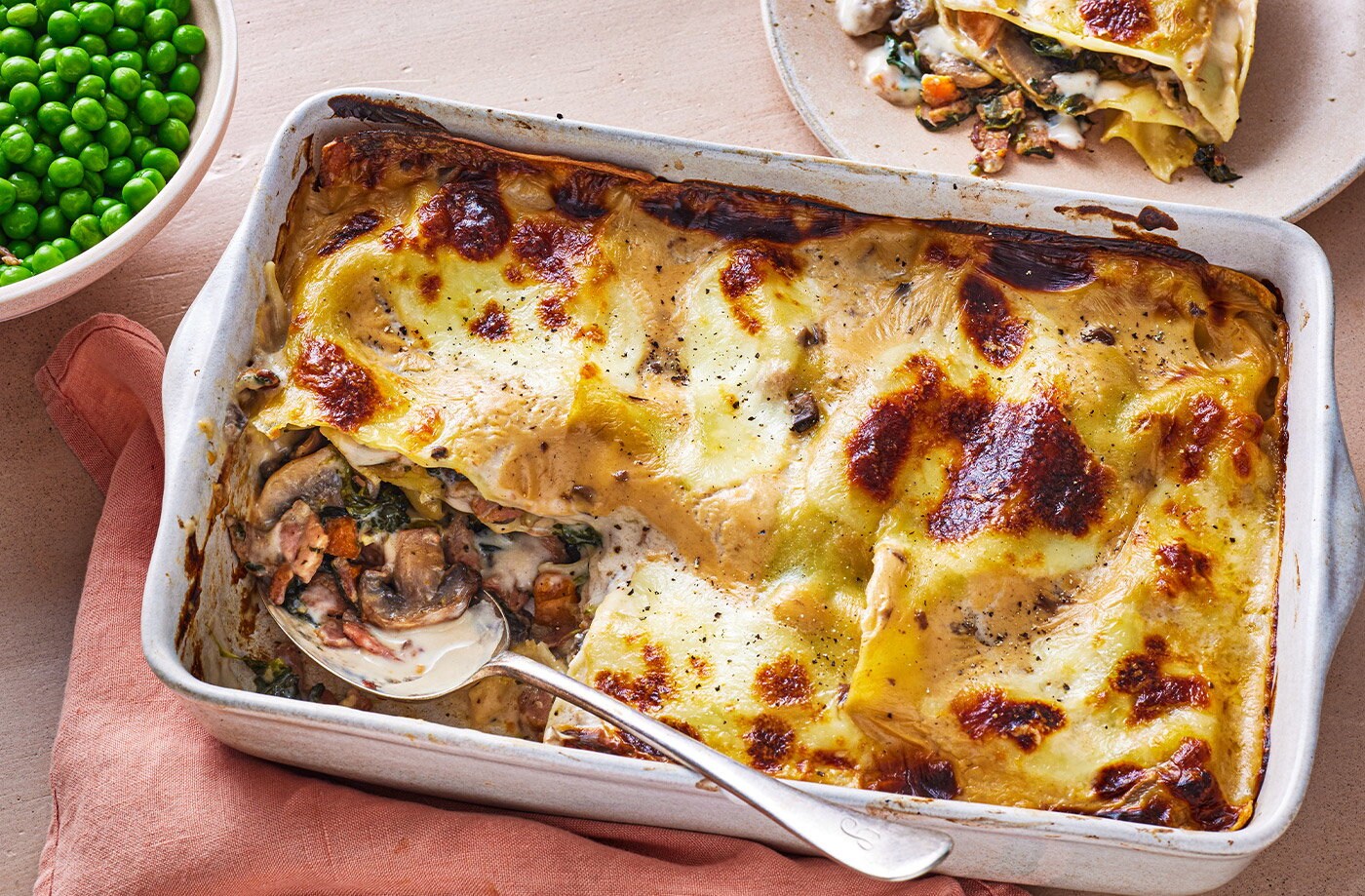 Cheat's bacon and mushroom lasagne