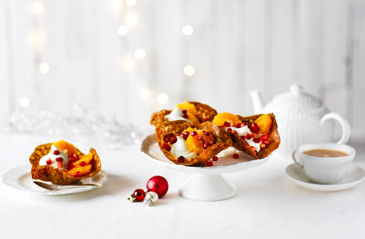 Clementine and pomegranate brandy snap baskets
