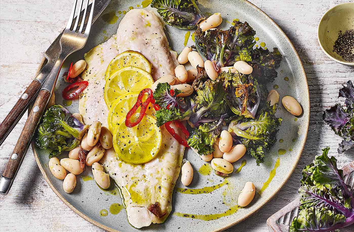 Roasted kalettes with basa fillets and anchovies