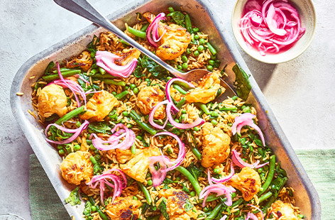 Image of "Full-of-greens roasted cauliflower pilaf"