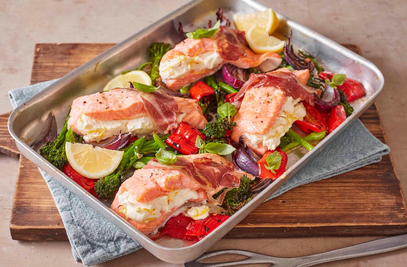 Creamy stuffed salmon with Parma ham