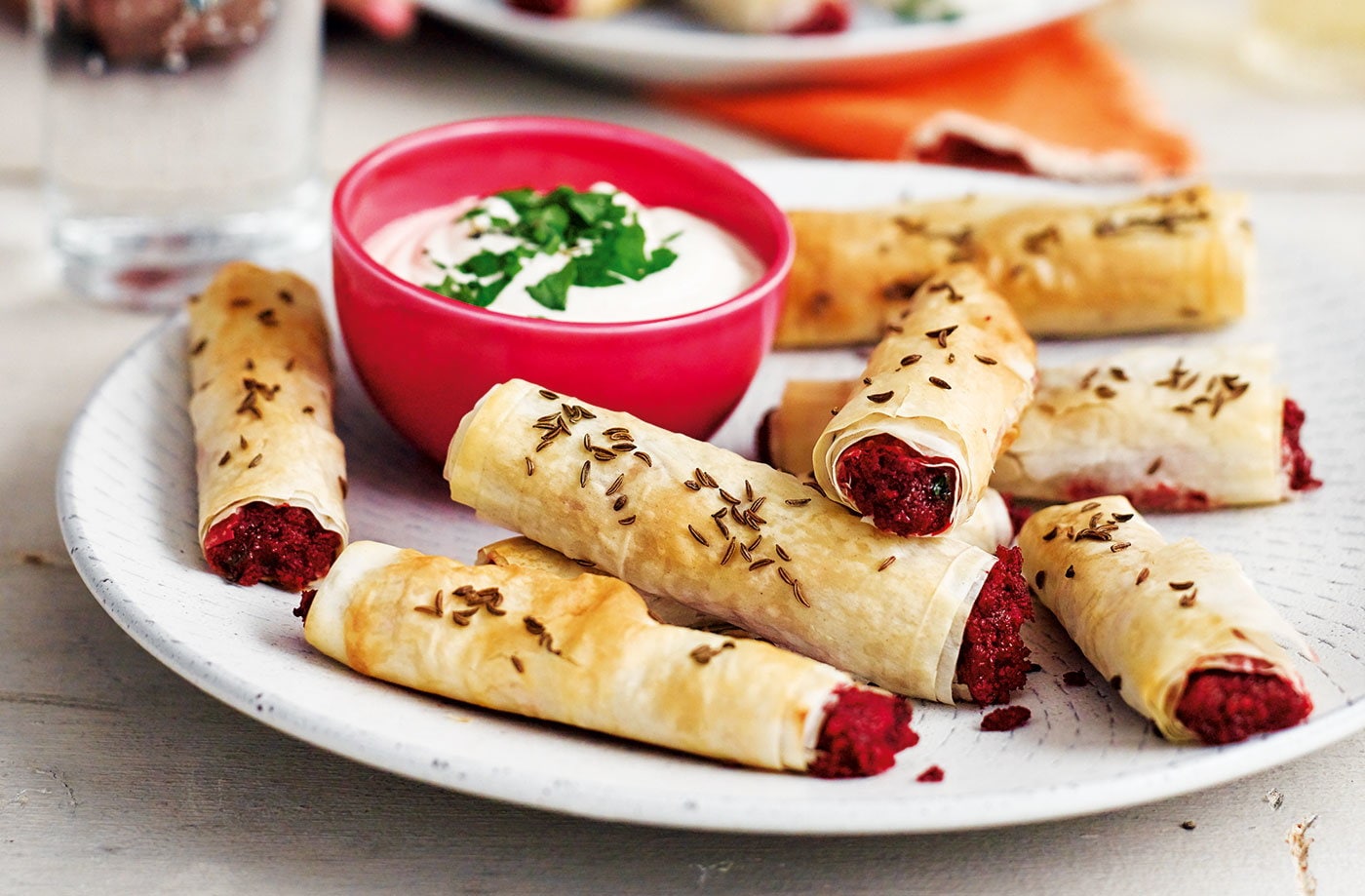 Beetroot and chickpea bites with tahini dip