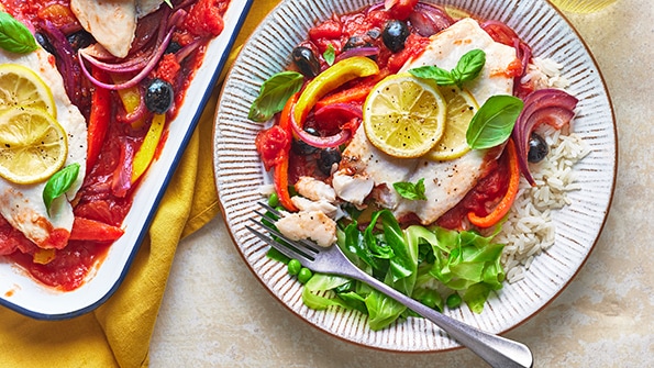 Puttanesca-style fish traybake