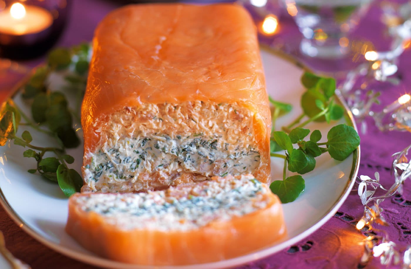 Smoked salmon, crab and watercress terrine