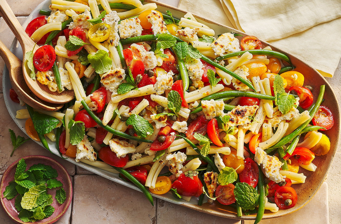 Baked ricotta, tomato and green bean pasta salad