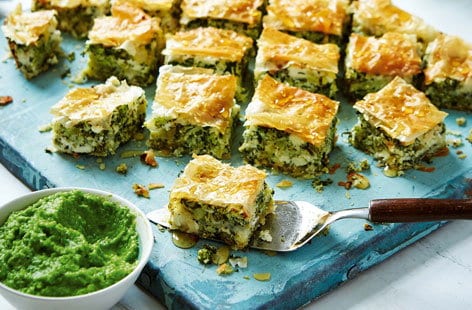 Image of "Broccoli, feta and almond baklava with pea purée"