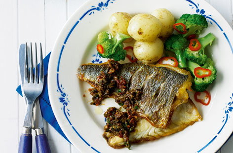 Image of "Pan-fried sea bream with olive and tomato tapenade"