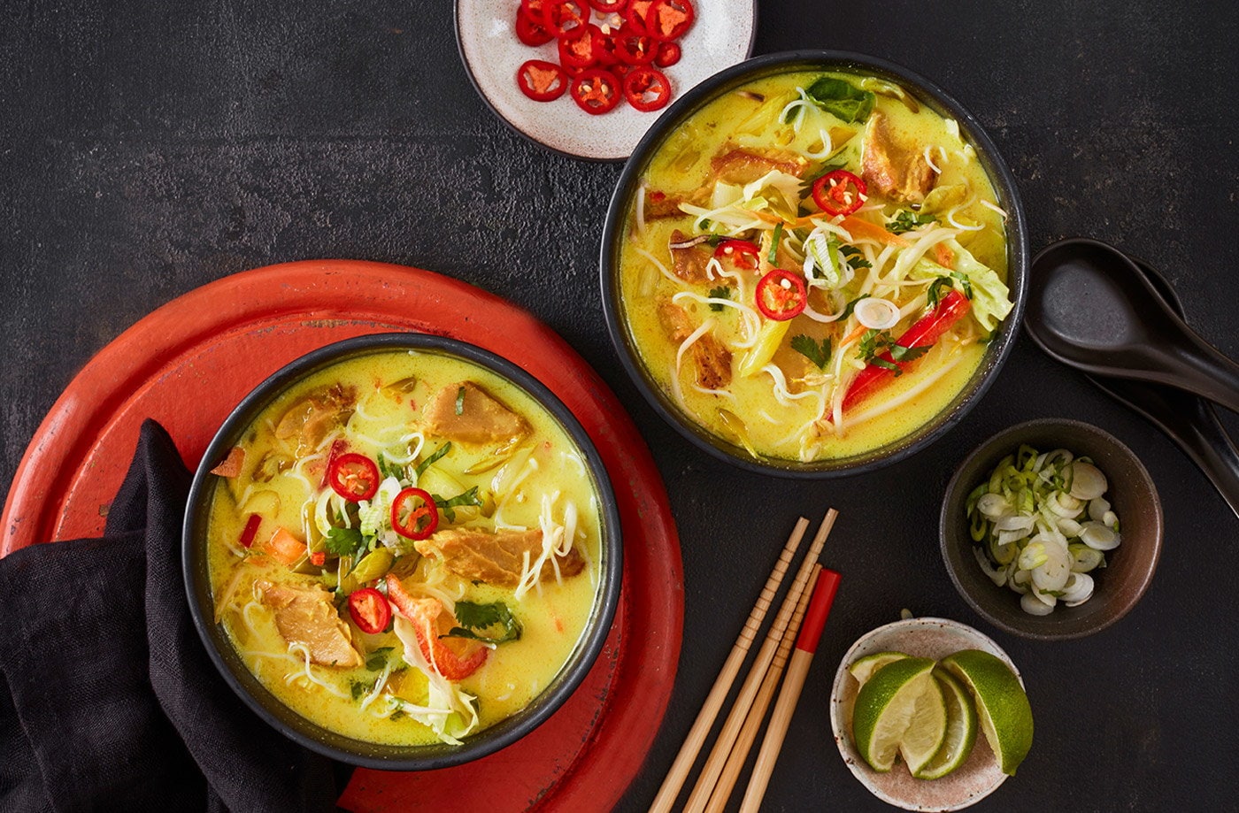 Laksa-inspired vegan 'chicken' noodle soup