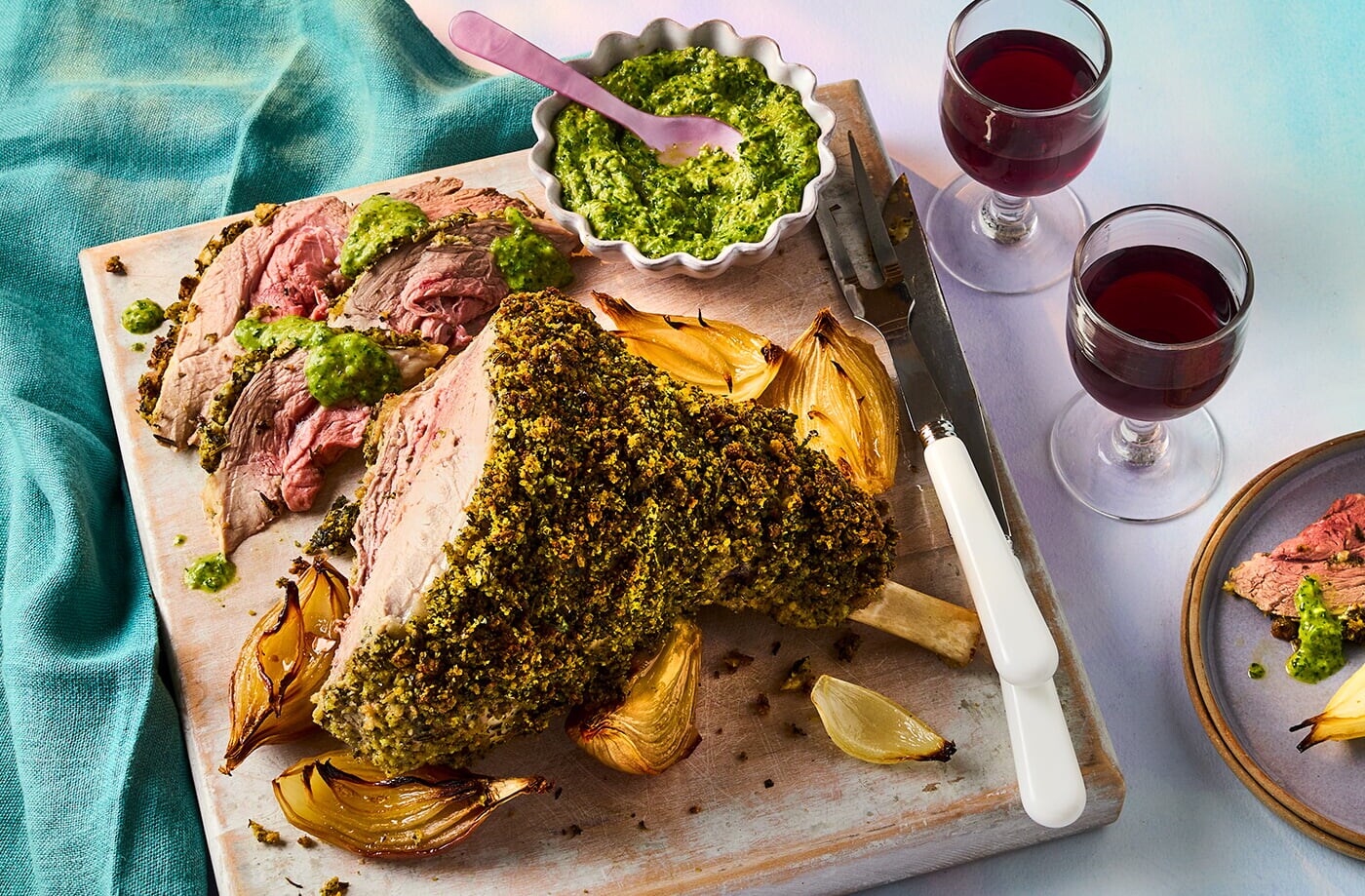 Herb-crusted roast lamb with salsa verde