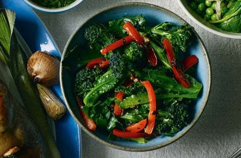 Image of "Purple sprouting broccoli with red pepper and chilli"