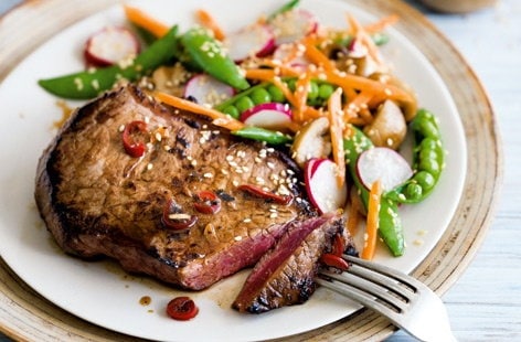 Image of "Lime, soy and sesame steak with mushrooms and sugarsnap peas"