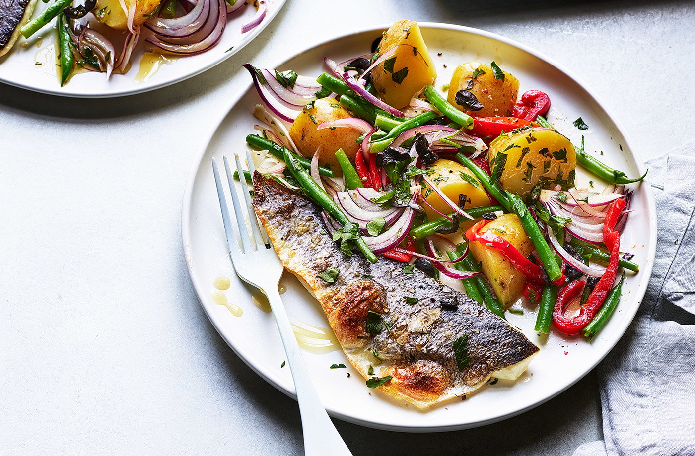 Grilled sea bass fillets with Mediterranean potato salad
