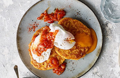 Image of "Sweetcorn pancakes with poached eggs and salsa"