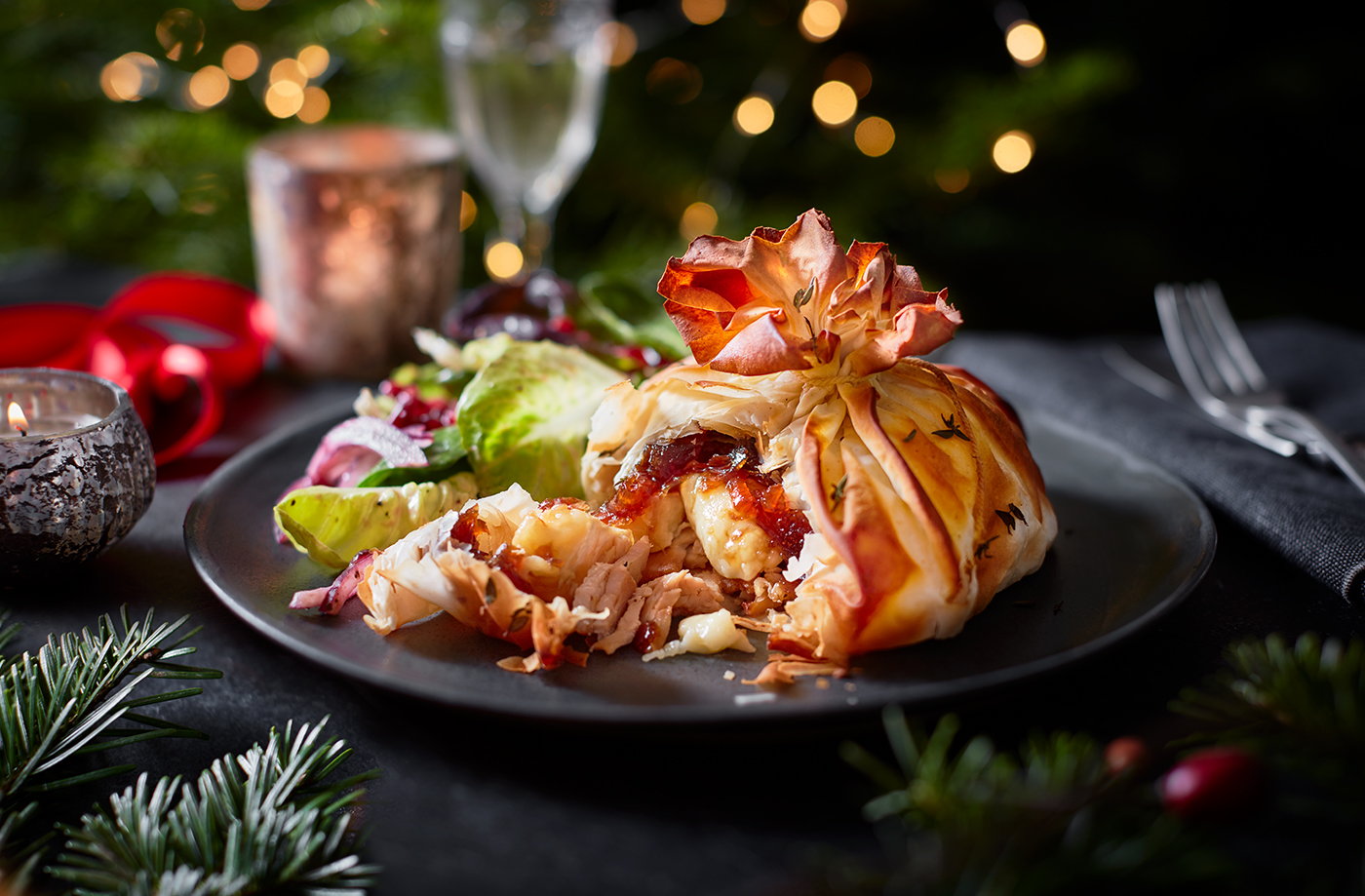 Brie and turkey filo parcel