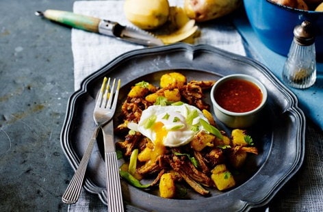Image of "Potato hash with pulled pork and poached eggs"