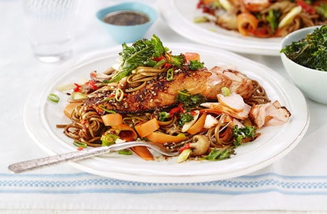 Image of "Soy and sesame salmon with noodles and crispy kale"