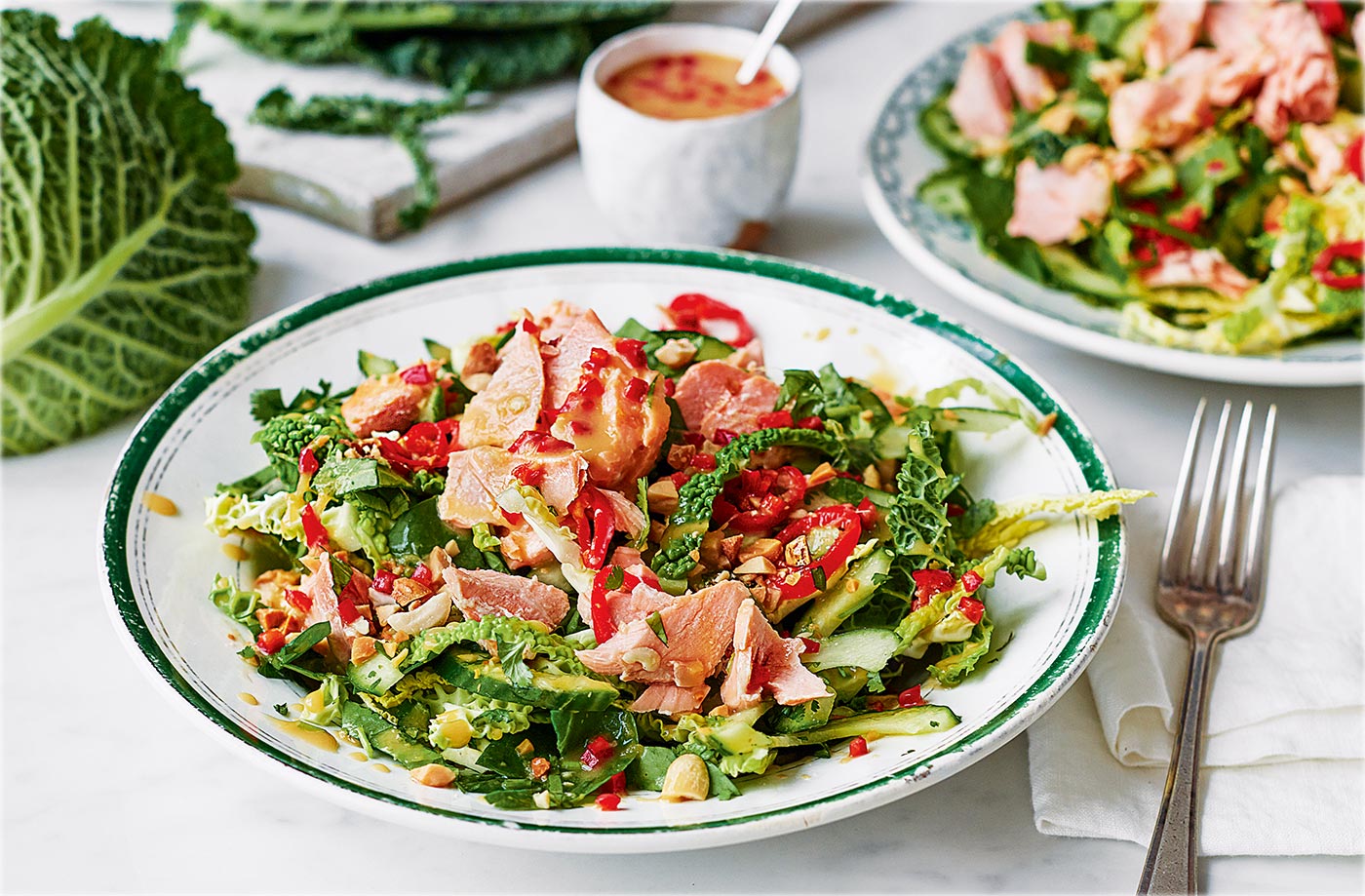Cabbage, salmon and cucumber satay crunch salad