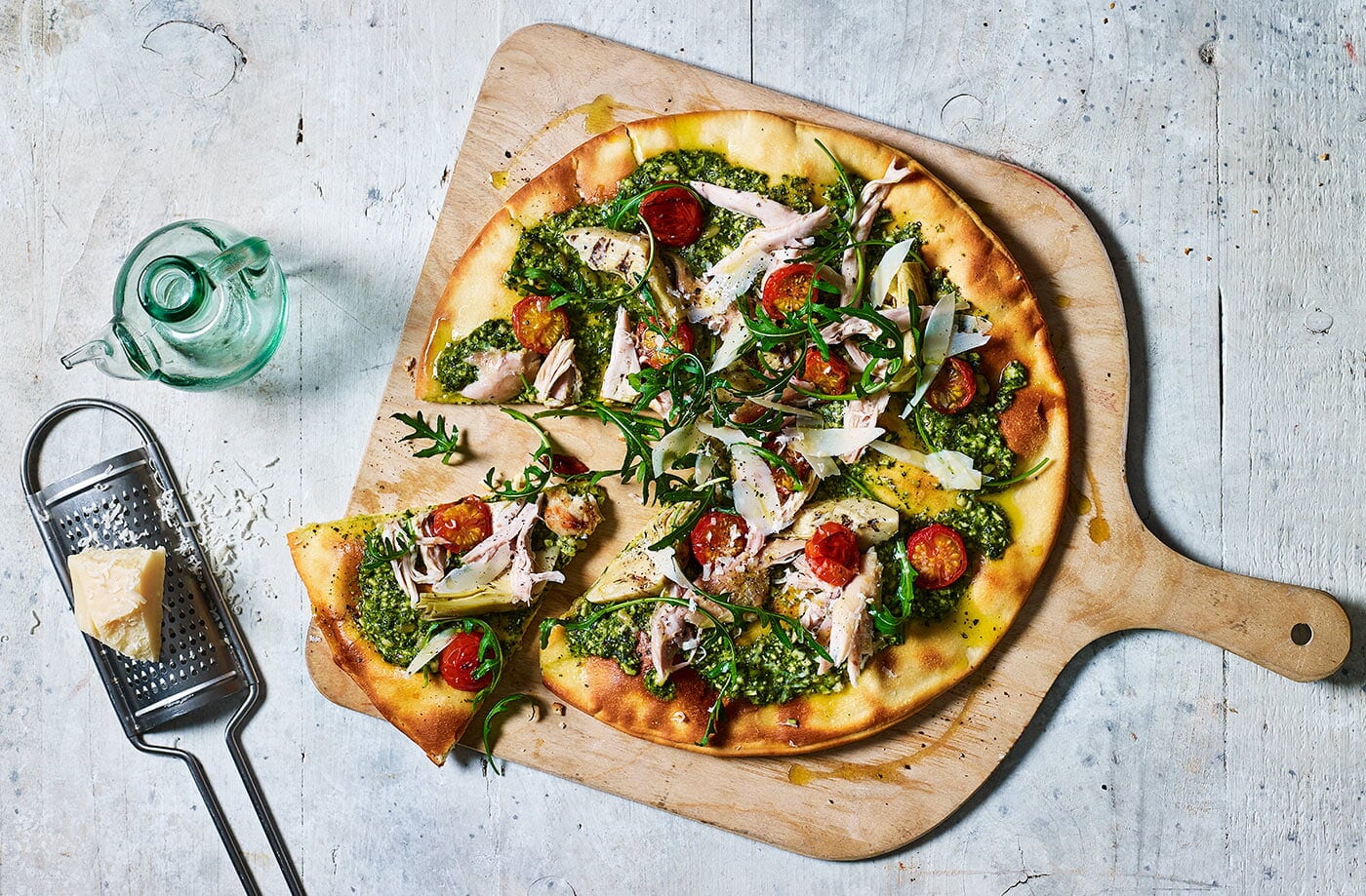 Chicken and pesto pizzas