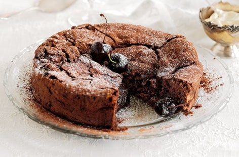 Image of "Sunken chocolate cake with brandied cherries"