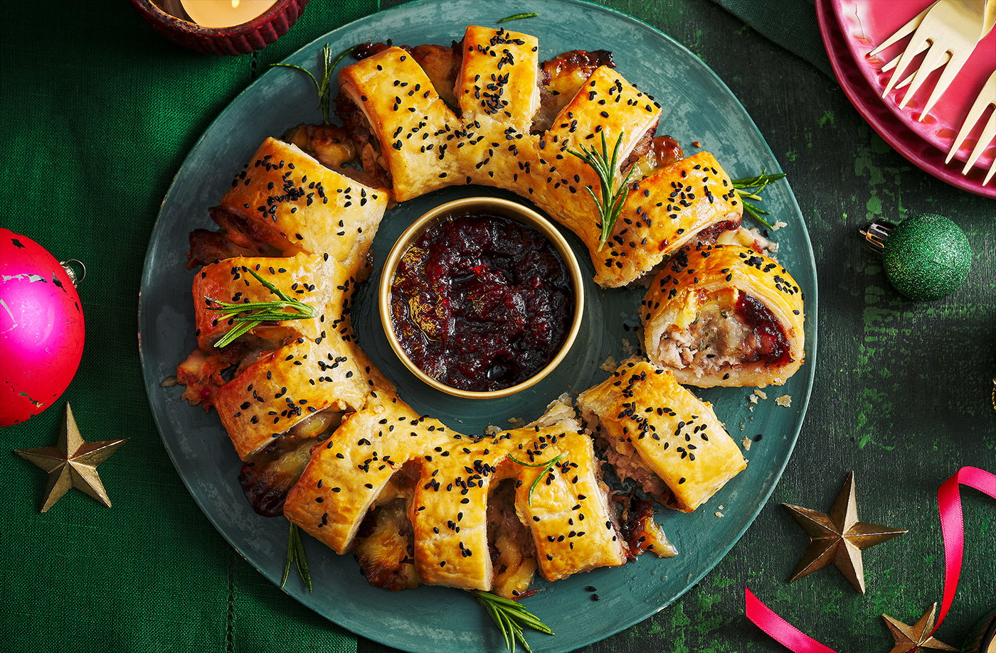 Cranberry and brie sausage roll wreath