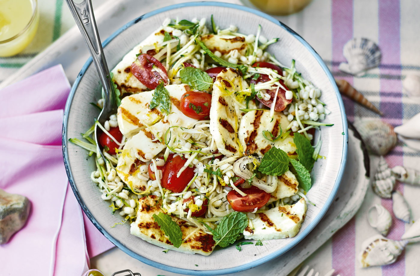Barley, courgette and mint salad with barbecued halloumi