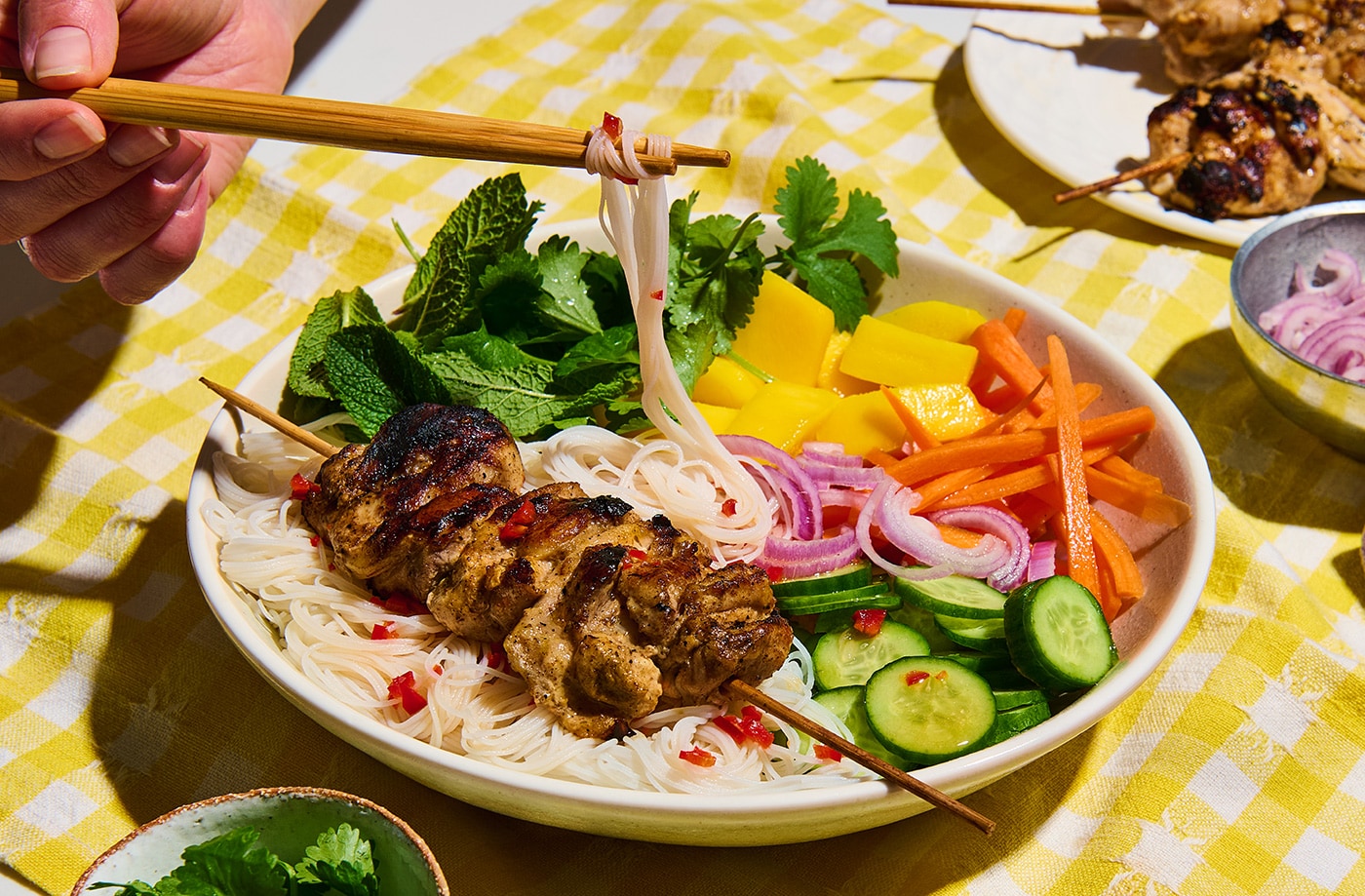 Massaman chicken skewers with rice noodle salad