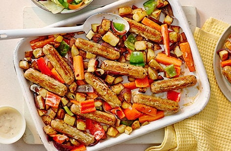 Image of "Veggie sausage honey mustard traybake"