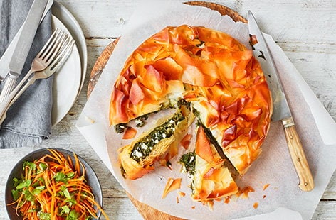 Image of "Spinach and feta filo pie with carrot salad"