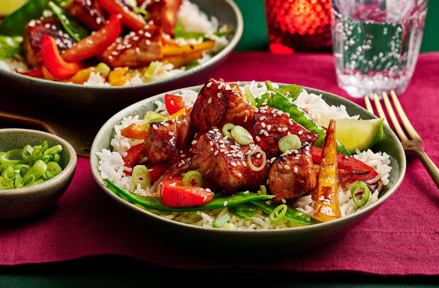 Sticky salt and pepper salmon rice bowl