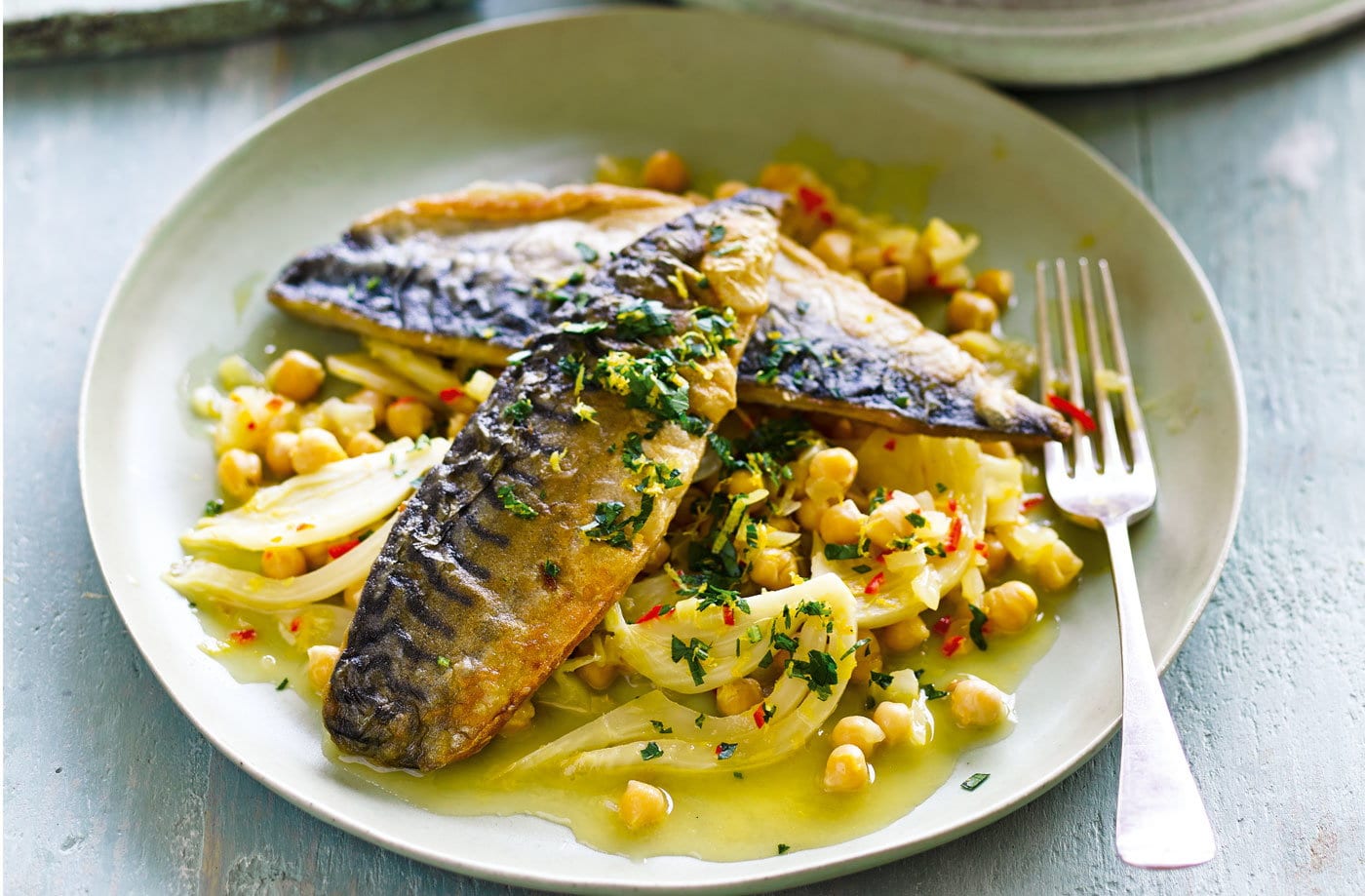 Mackerel with citrus chickpeas