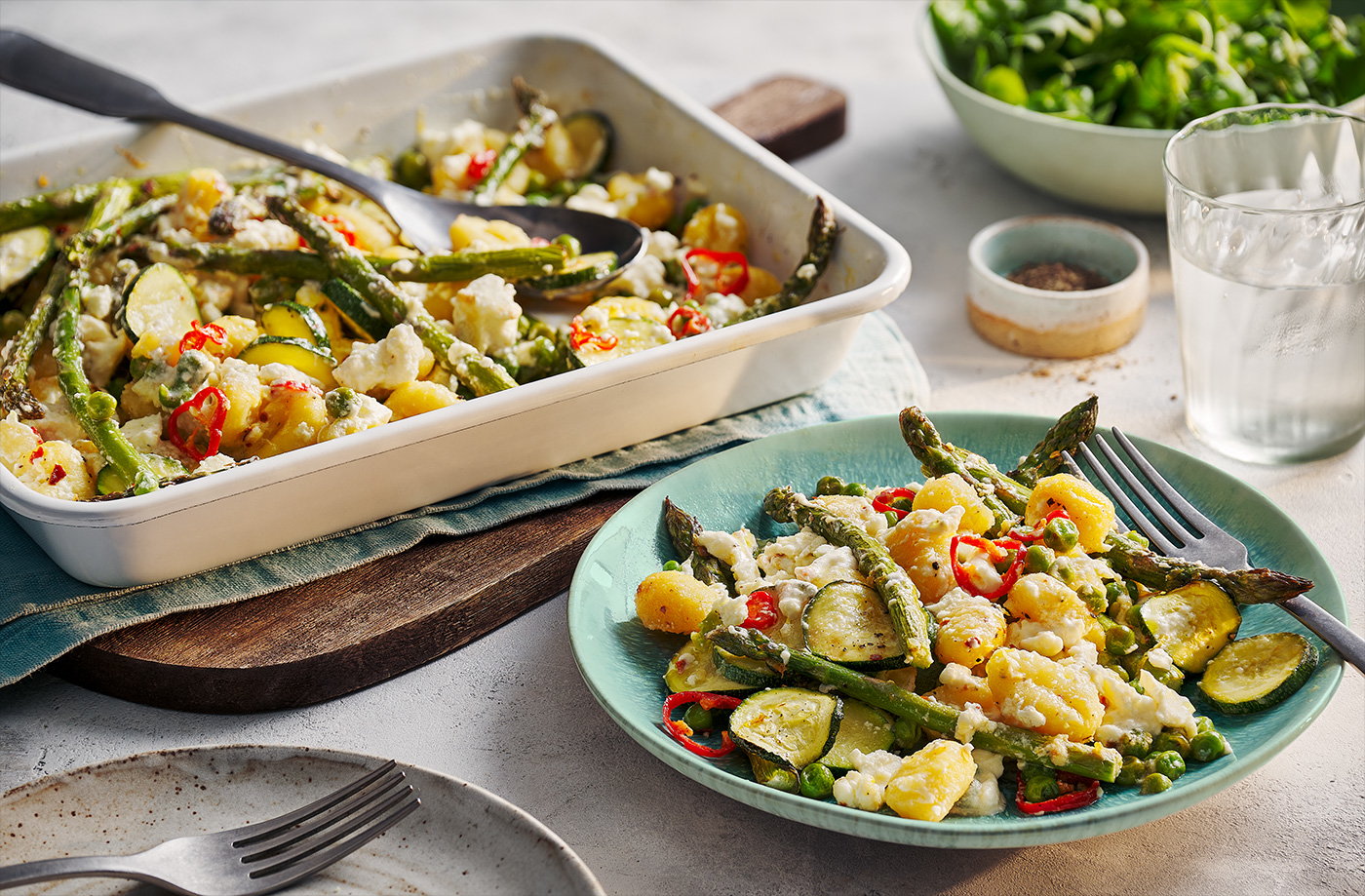 Roasted spring vegetable feta gnocchi traybake
