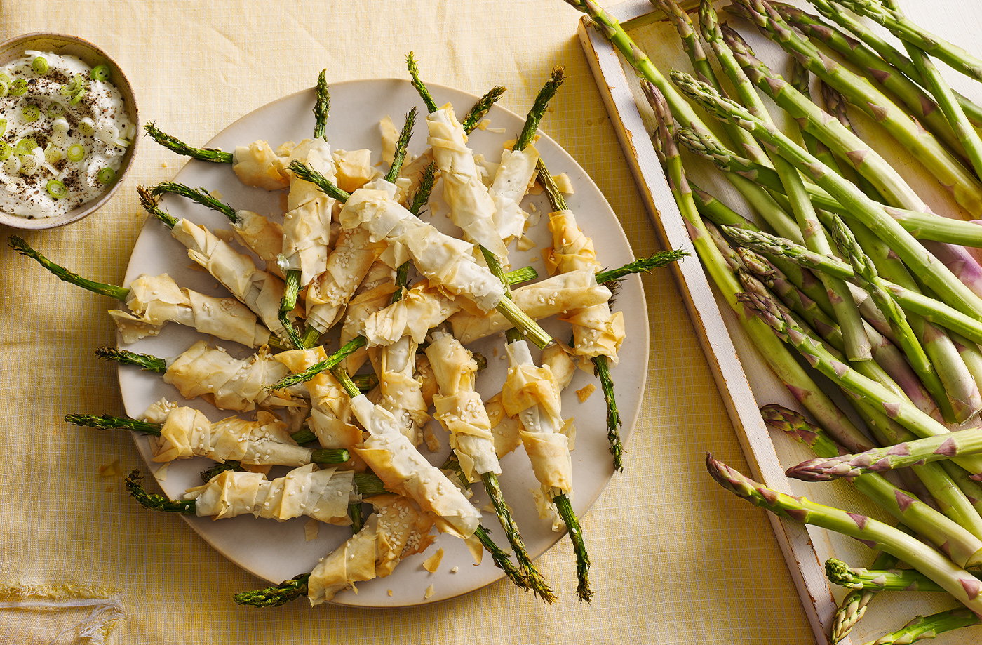 Asparagus 'cigars' with whipped feta dip