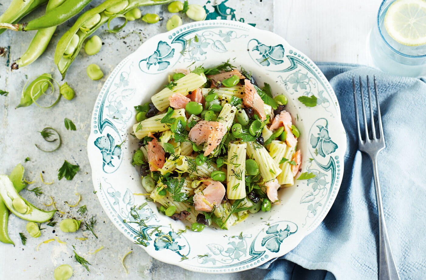 Broad bean pasta with smoked rainbow trout and dill