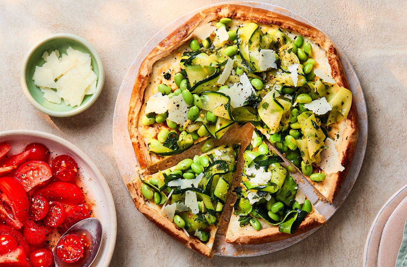 Courgette, soya bean and ricotta galette