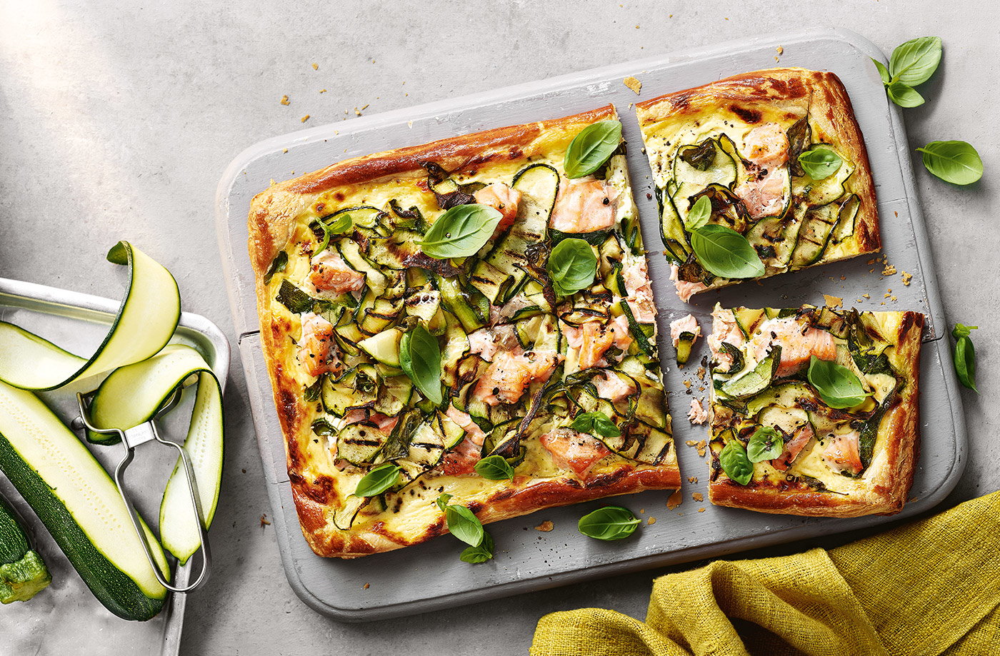 Charred courgette and salmon tart