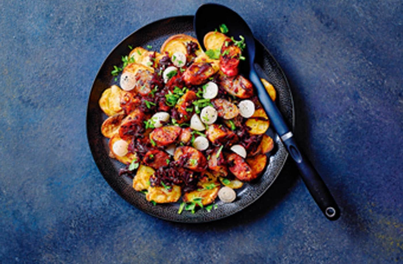 Fiery beetroot, banger and potato platter