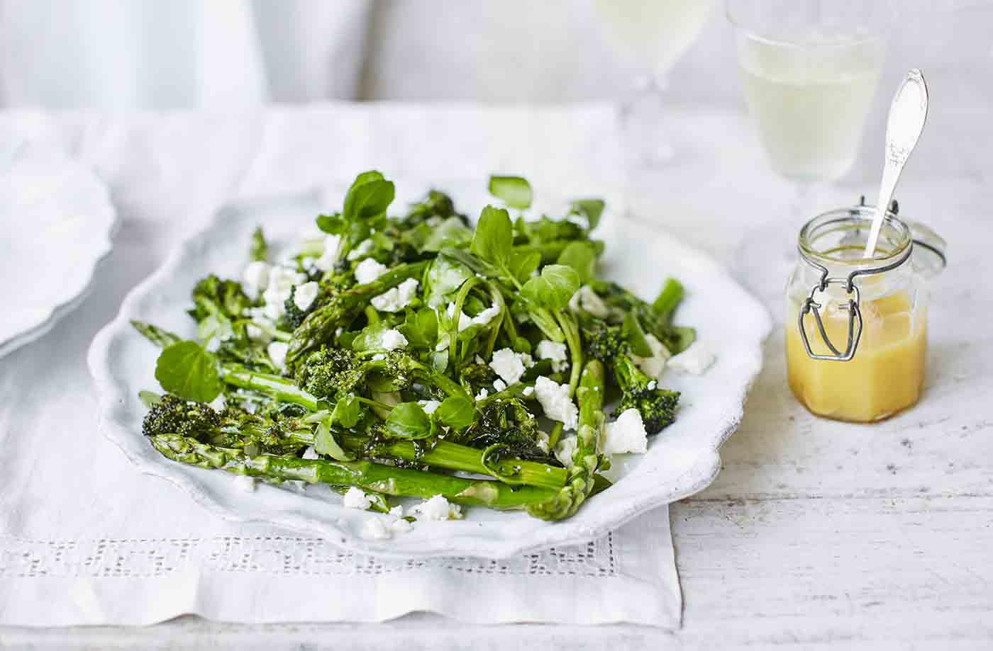 Roasted asparagus, purple sprouting broccoli and feta salad