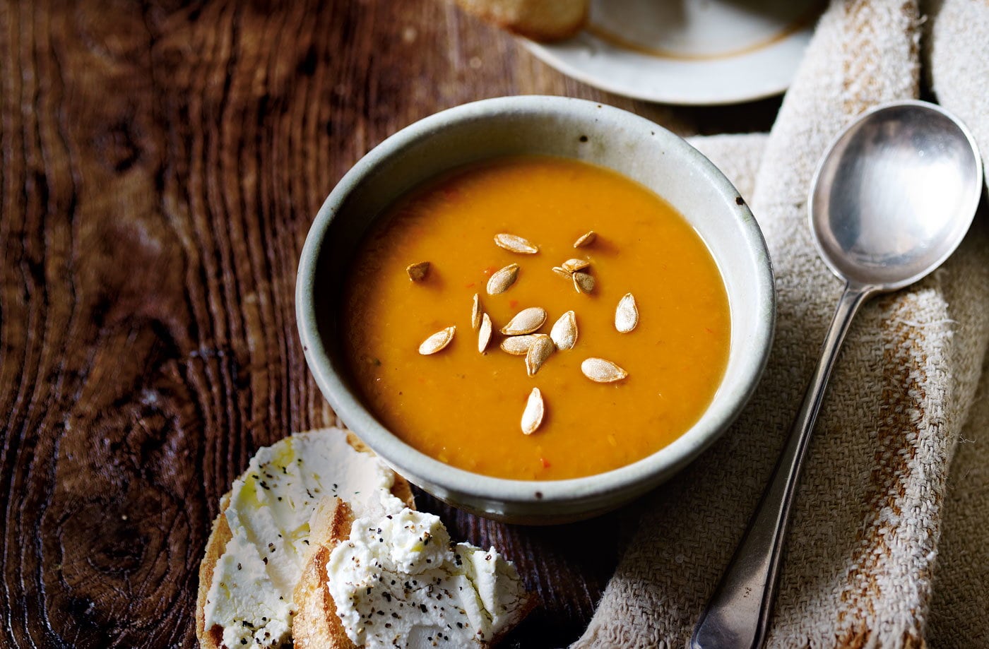 Butternut, chilli and cumin soup with goat's cheese toasts
