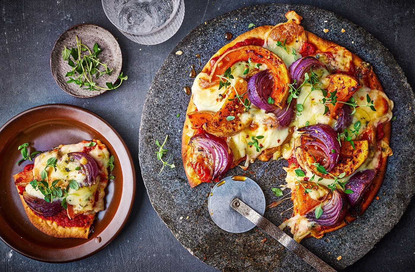 Pumpkin and blue cheese pizzas